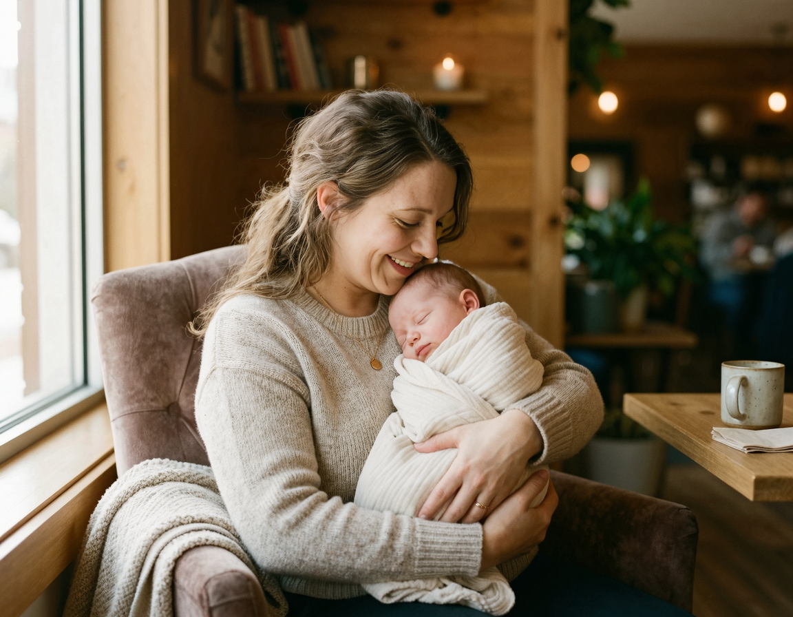안전하고 깨끗한 외부 공간에서 아기를 돌보고 있는 엄마의 모습