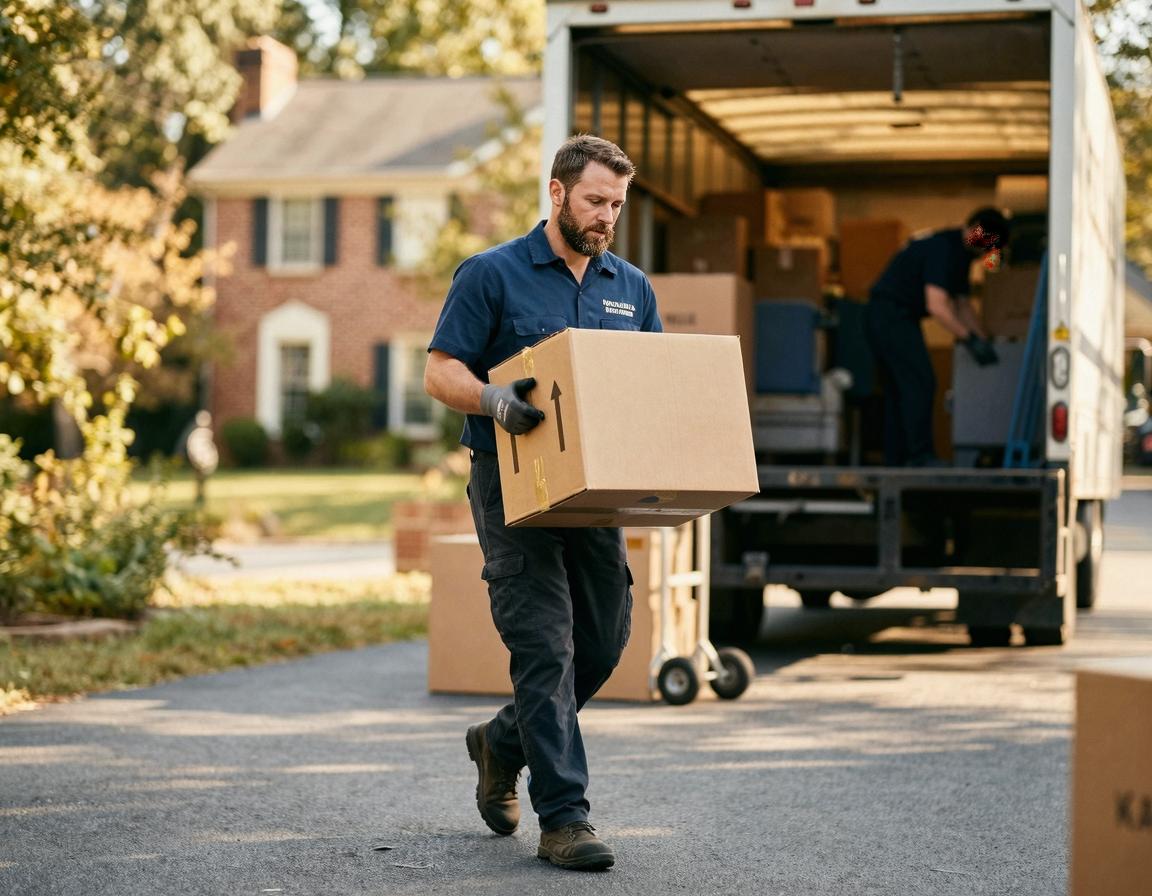 전문 이사 작업자가 종이 박스를 조심스럽게 옮기는 모습