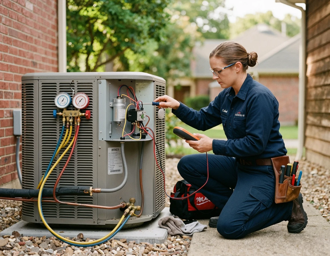 유니폼을 입은 전문 기사가 에어컨을 점검하는 모습