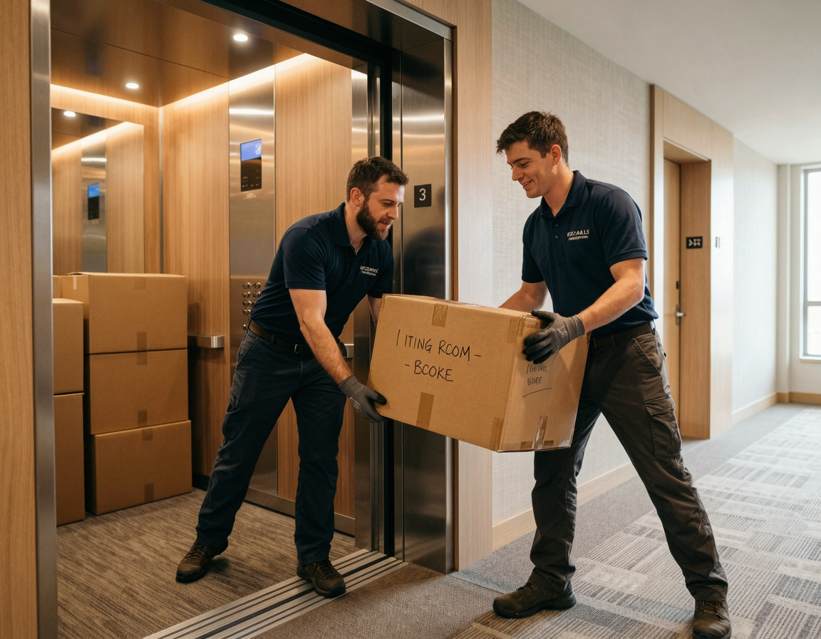 엘리베이터를 이용해 이삿짐을 나르는 작업자들