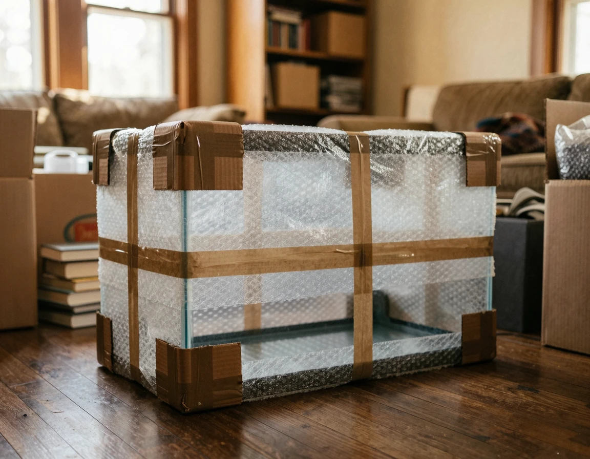 에어캡과 모서리 보호대로 안전하게 포장된 대형 어항