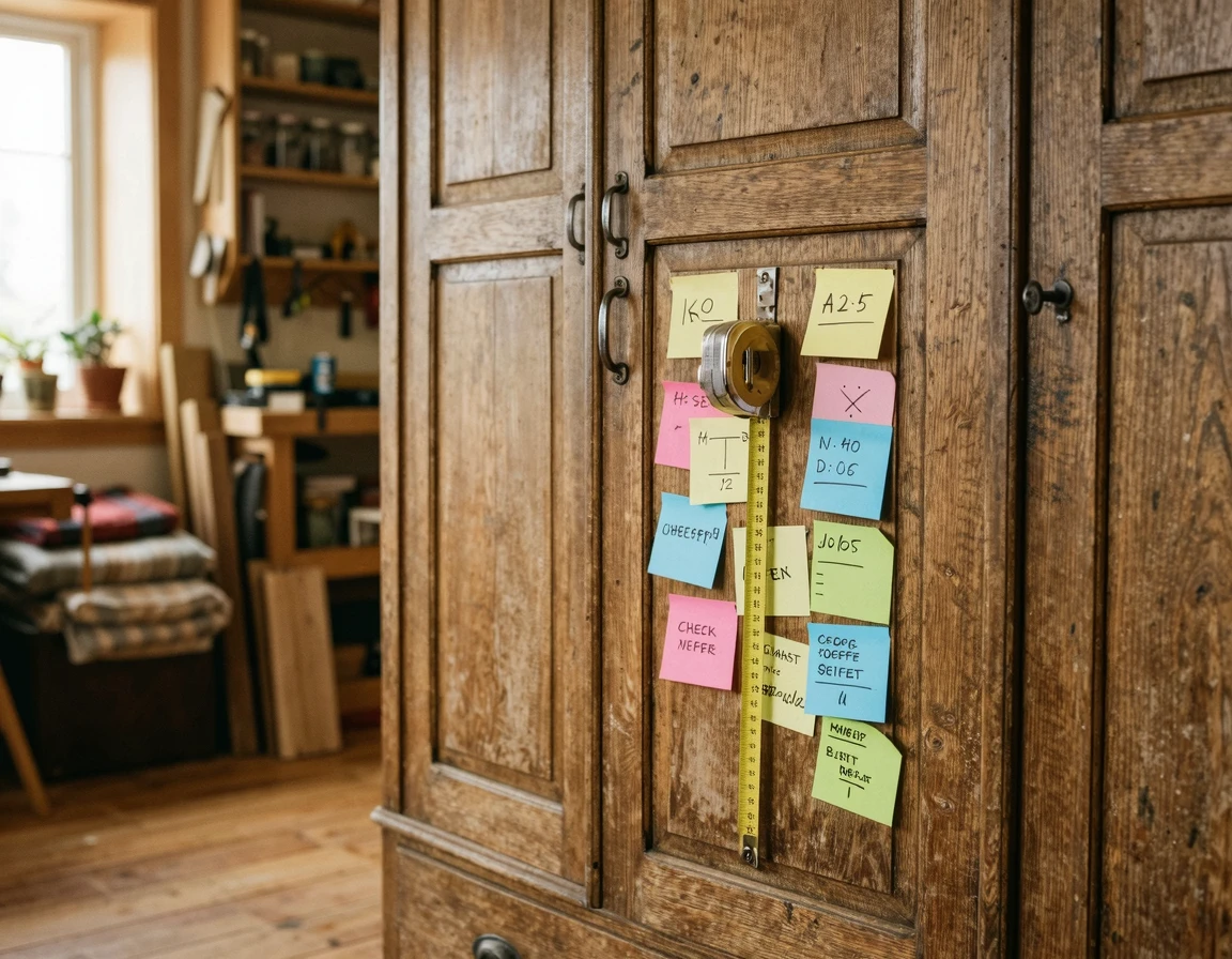 폐기할 가구를 분류하기 위해 줄자와 라벨지를 붙여둔 모습