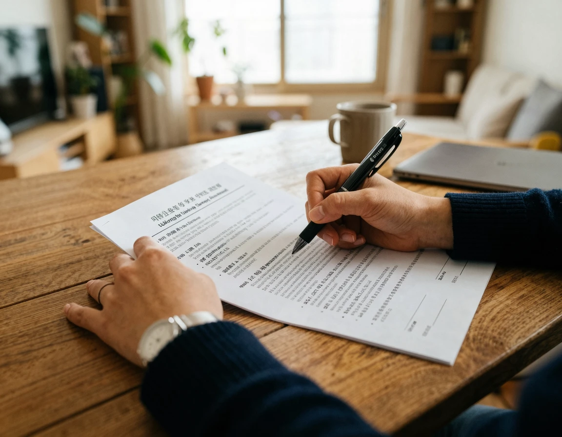 꼼꼼하게 보험 이사 계약서를 검토하고 서명하는 모습