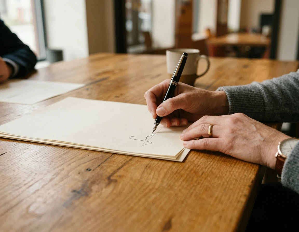 테이블 위에서 포장이사 계약서에 서명하는 모습