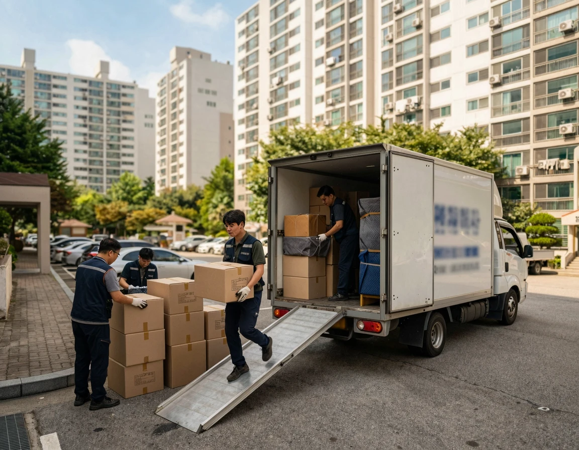 아파트 단지 앞에서 이삿짐을 싣고 있는 포장이사 트럭과 작업자들