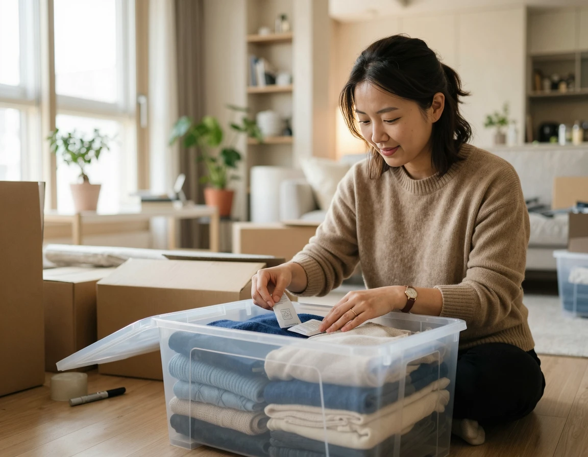 이사 전 플라스틱 박스에 옷과 제습제를 꼼꼼히 챙겨 넣는 30대 여성