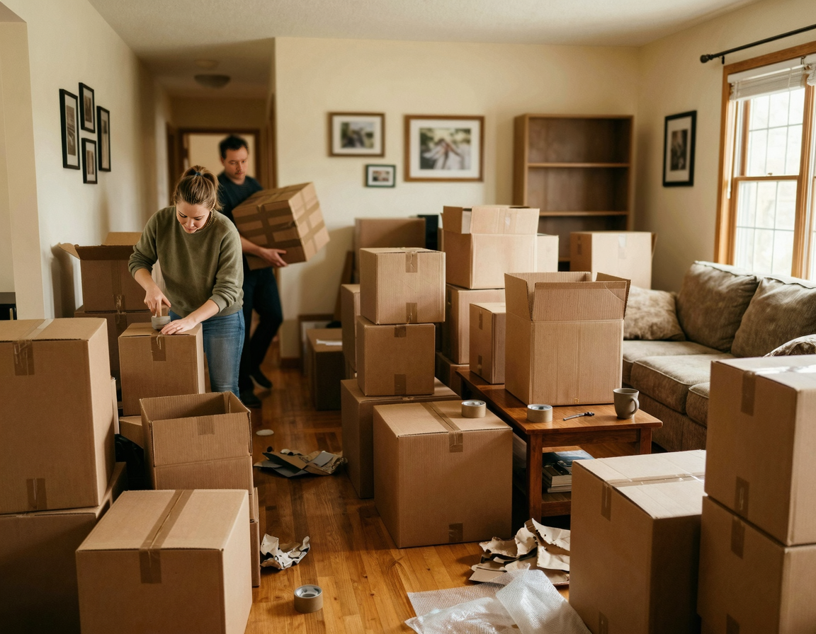 포장이사 당일 거실에 쌓여있는 이삿짐 박스들