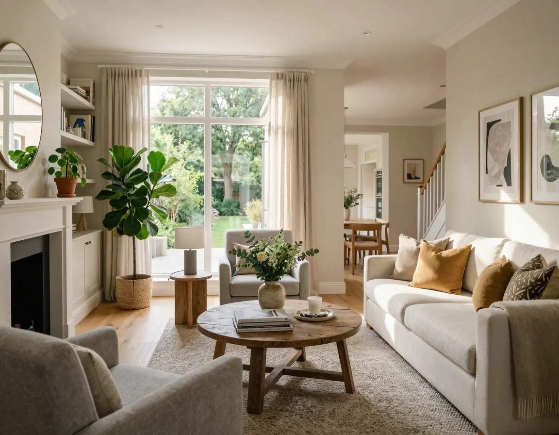 가구 배치가 완료되고 깔끔하게 정리된 새집 거실 풍경