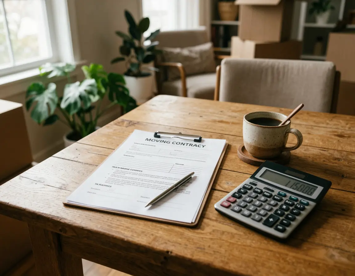 테이블 위에 놓인 이사 계약서와 계산기