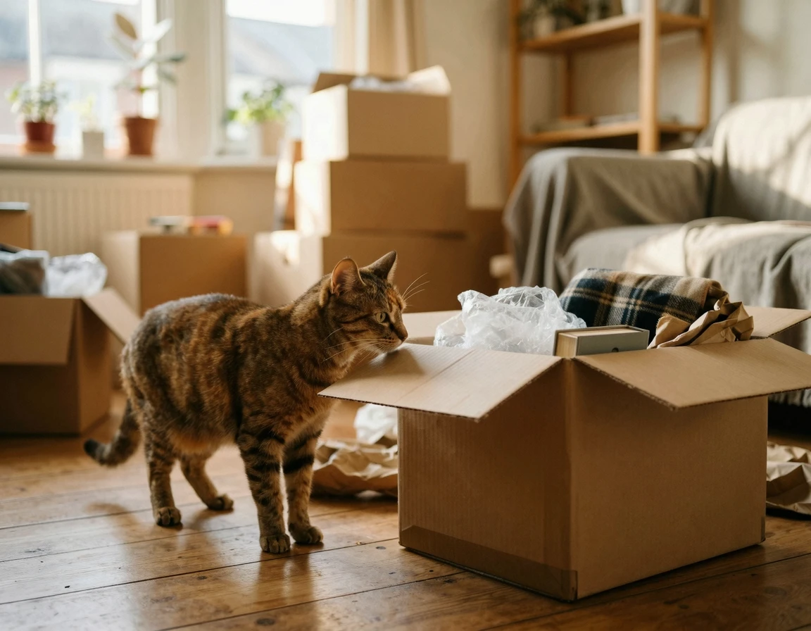 이사 박스 냄새를 맡고 있는 고양이