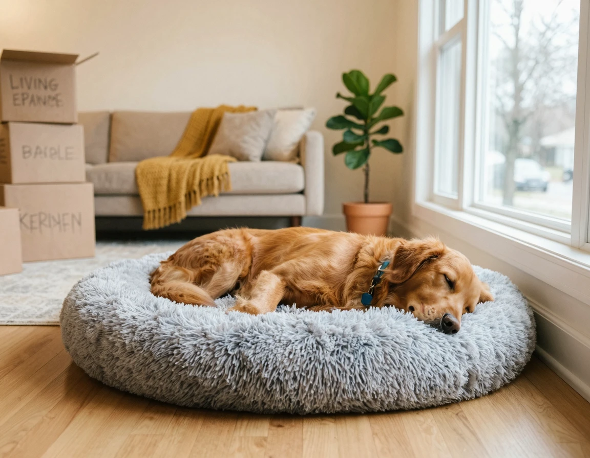 새집 거실 방석 위에서 편안하게 쉬고 있는 강아지