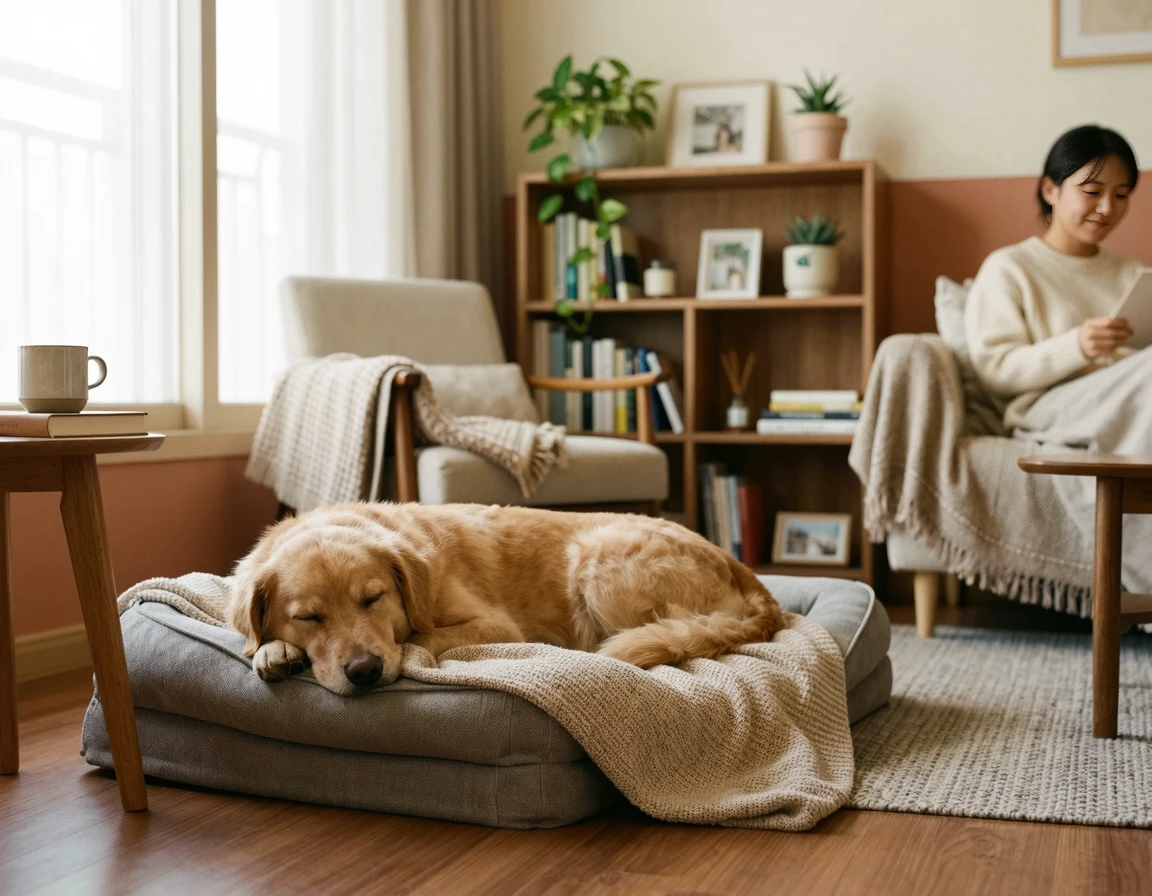 새집의 익숙한 방석 위에서 편안하게 쉬고 있는 강아지