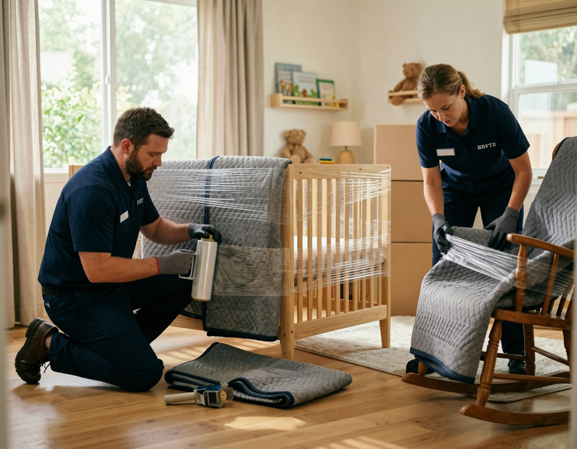 포장이사 직원이 아기 침대와 가구를 깨끗한 보양재로 포장하는 모습