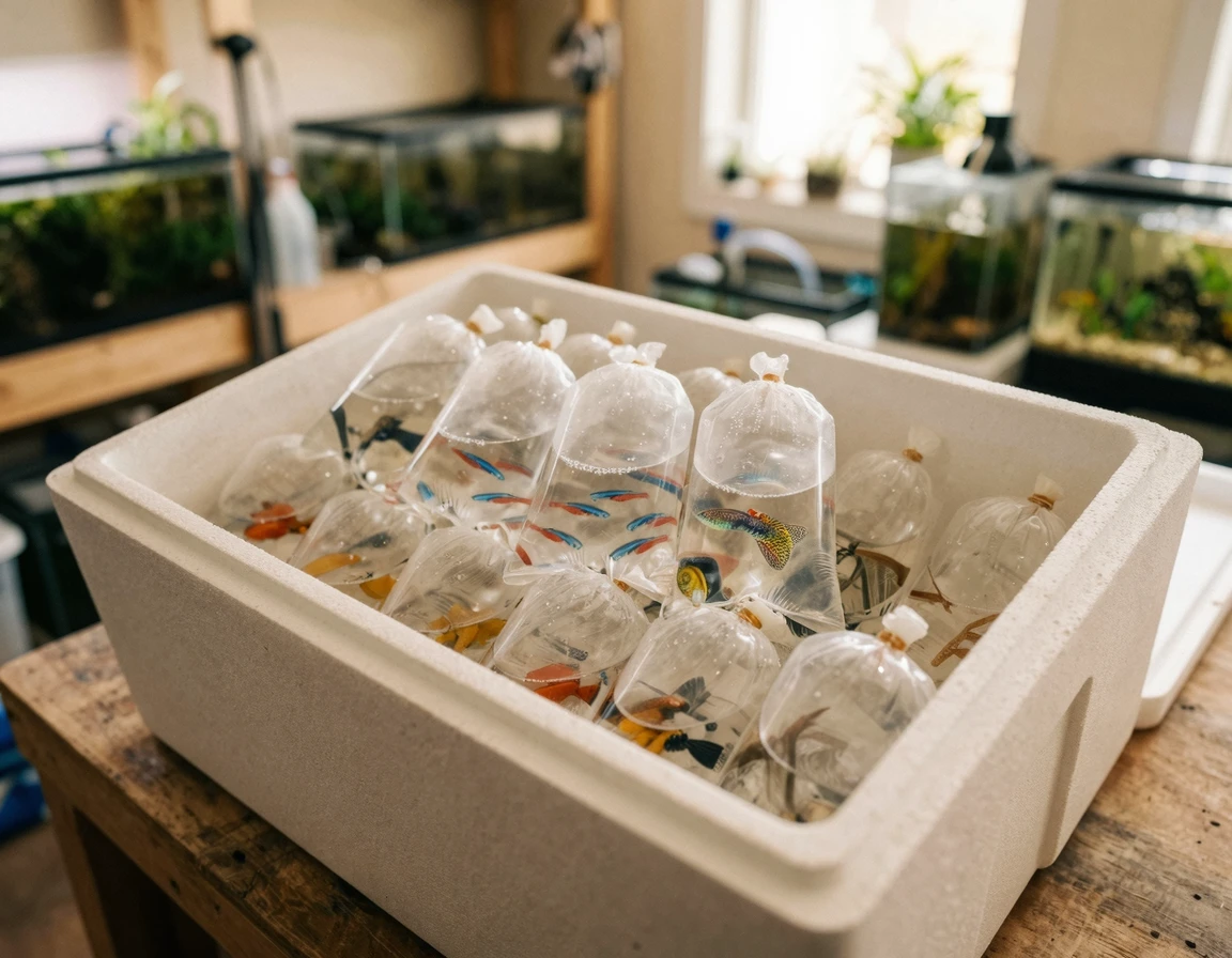 산소가 채워진 비닐봉투에 안전하게 포장되어 스티로폼 박스에 담긴 열대어