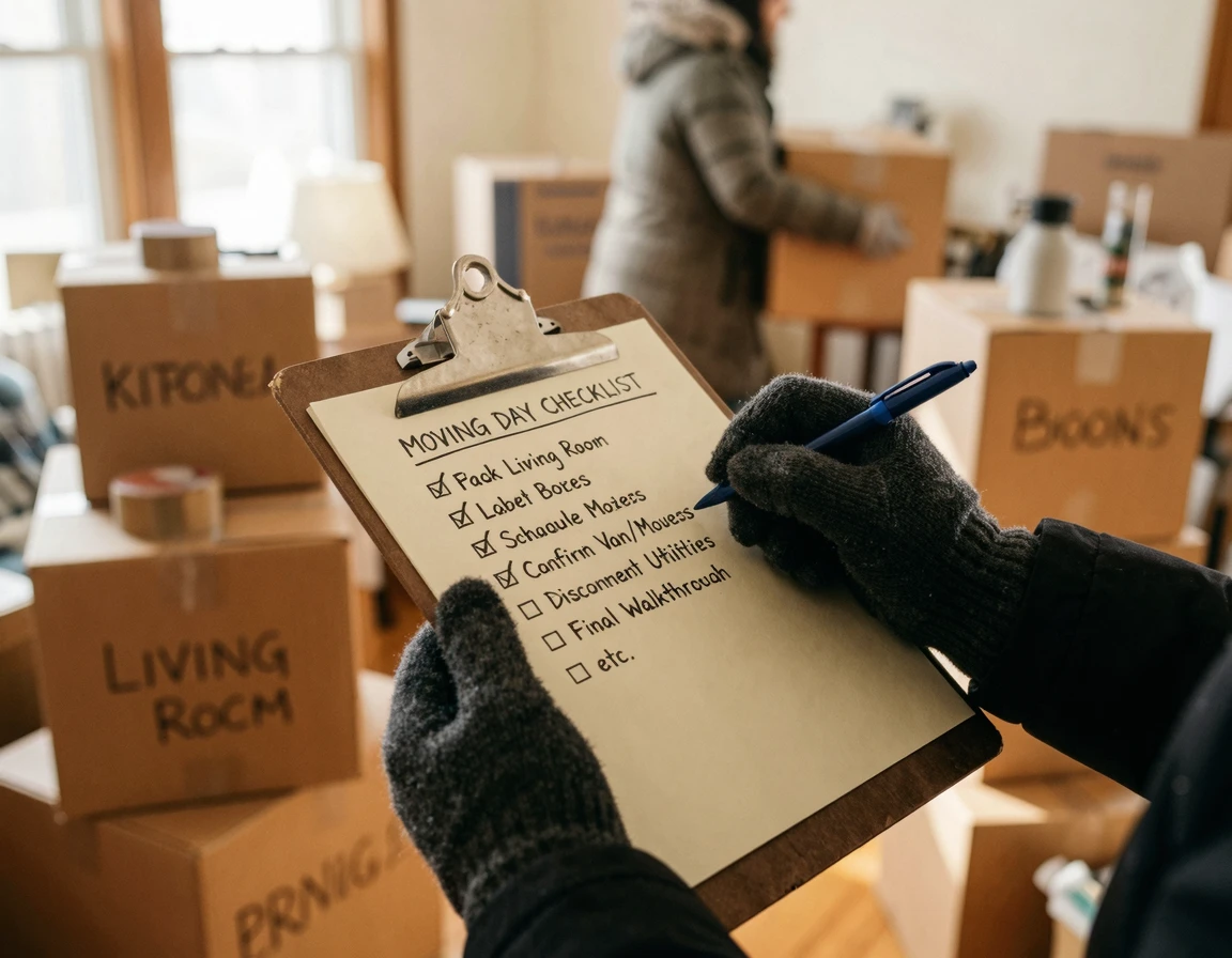 겨울철 이사 당일 아침 체크리스트를 확인하는 모습