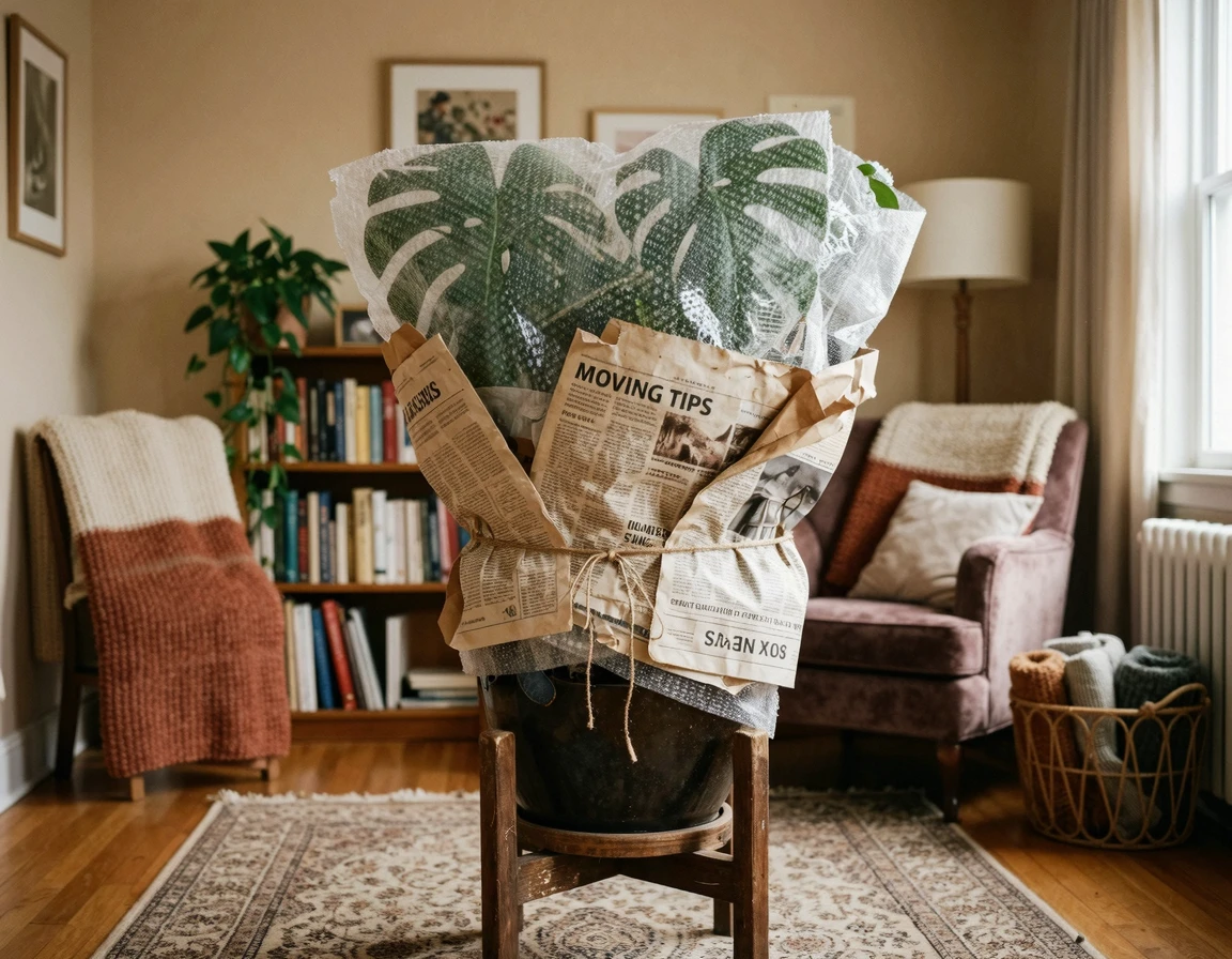 뽁뽁이와 신문지로 꼼꼼하게 보온 포장된 대형 몬스테라 화분