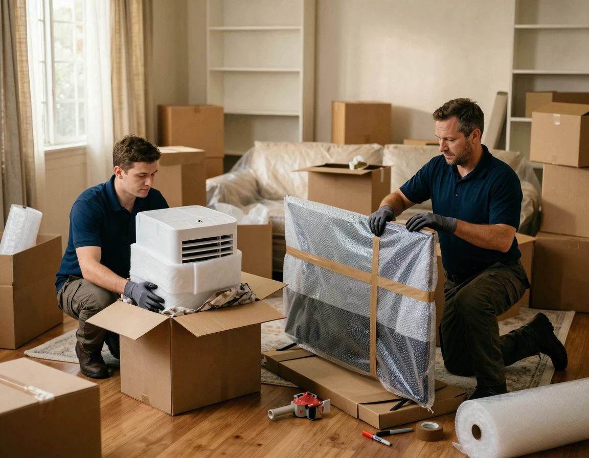 거실에서 에어컨과 TV를 포장하는 이사 준비 모습
