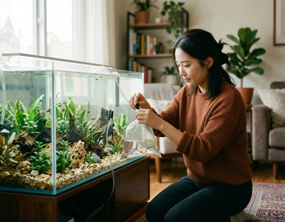 새집에 세팅된 어항에서 꼼꼼하게 물맞댐을 진행하는 모습