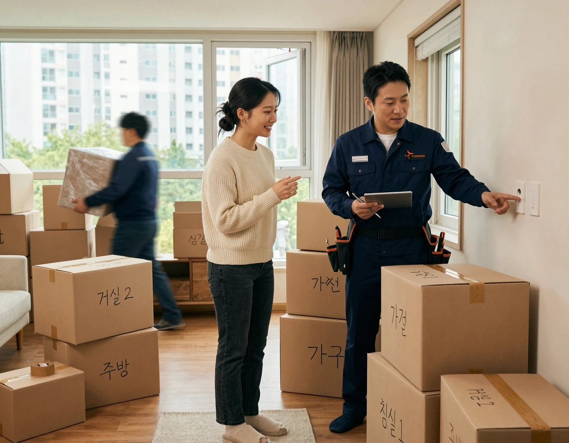 포장이사 중 거실에서 통신사 기사와 설치 위치를 상의하는 모습