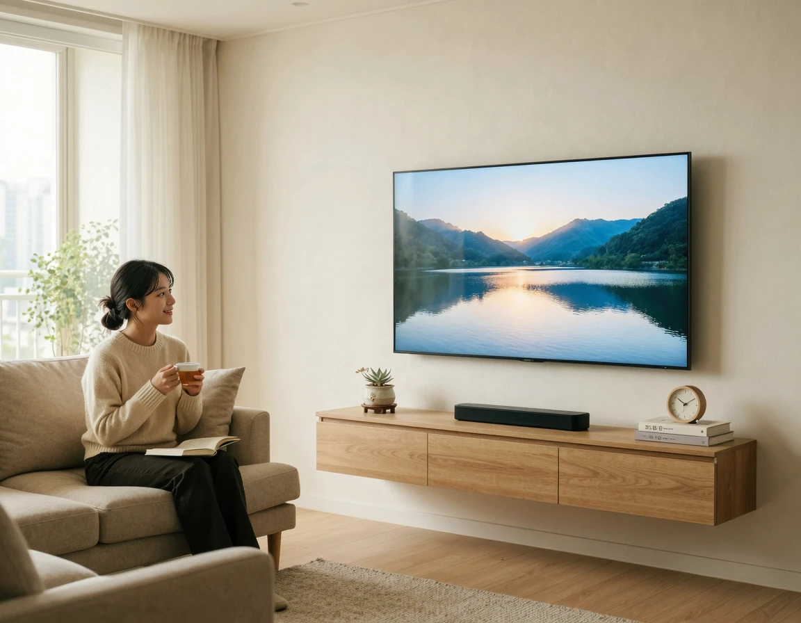 선 숨김 시공이 깔끔하게 완료된 거실 벽걸이 TV 모습