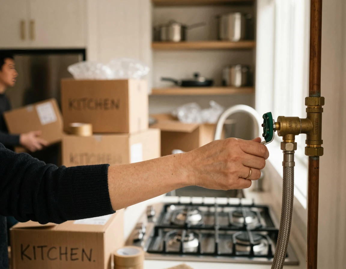 모던한 주방에서 가스 밸브를 점검하고 조절하는 손의 클로즈업