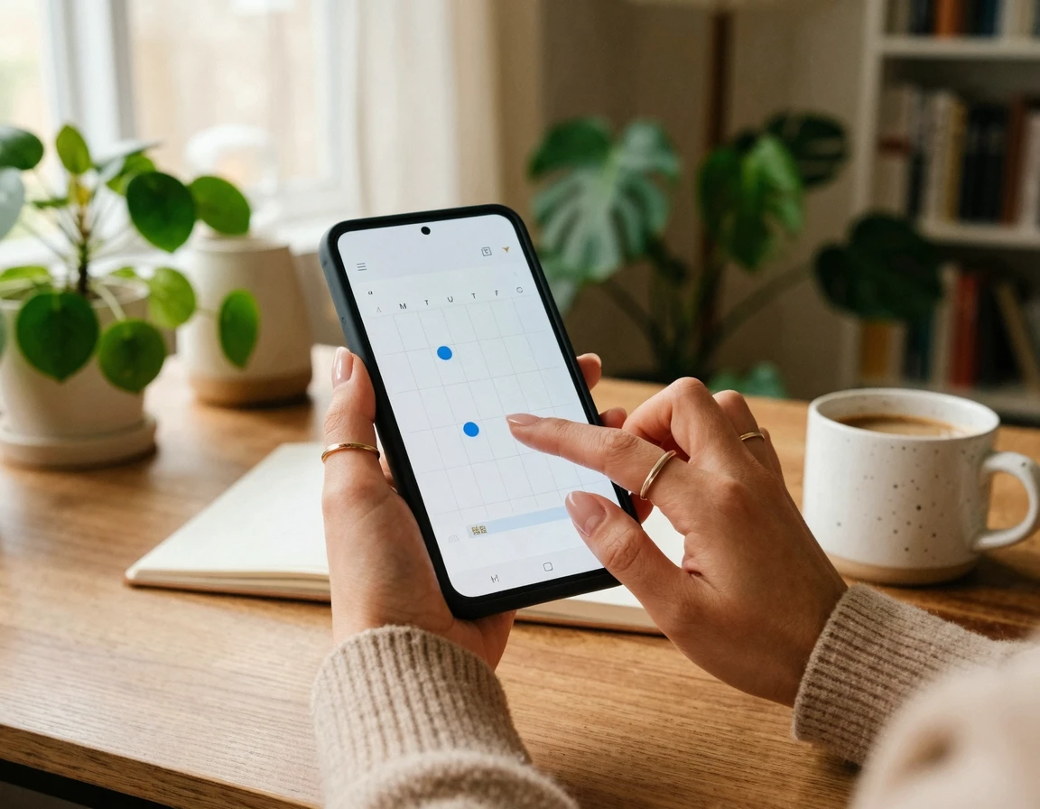 스마트폰 캘린더로 이사 2주 전 통신사 예약을 체크하는 모습