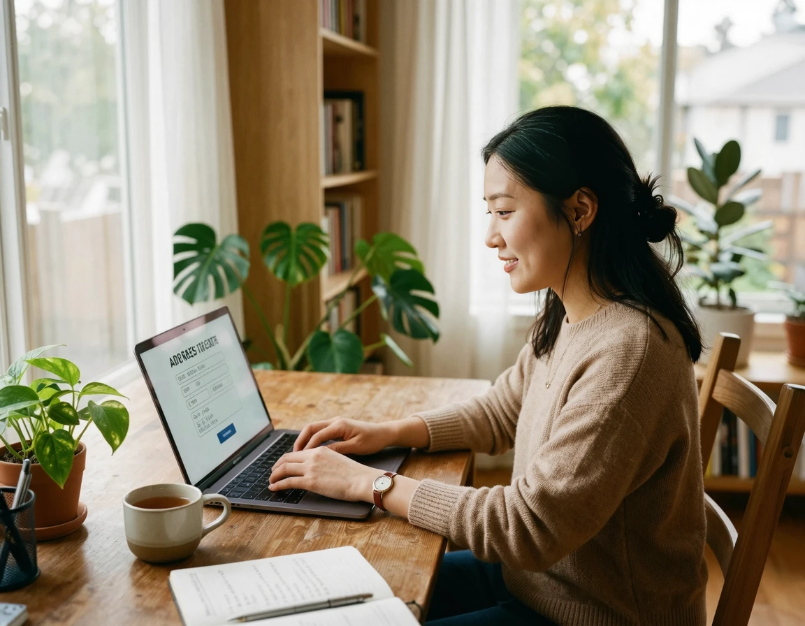 책상에 앉아 노트북으로 온라인 주소 변경을 신청하는 여성