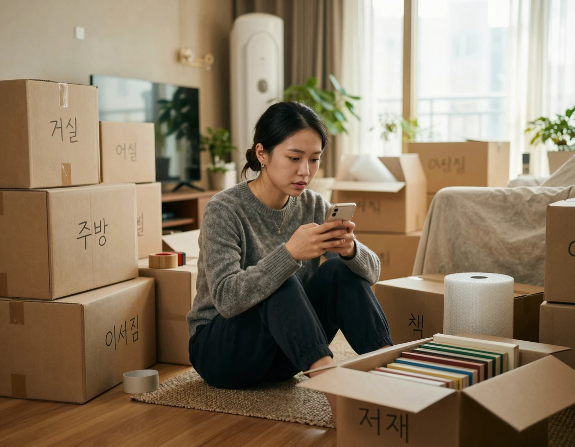 이사 중 스마트폰으로 일정을 확인하는 여성