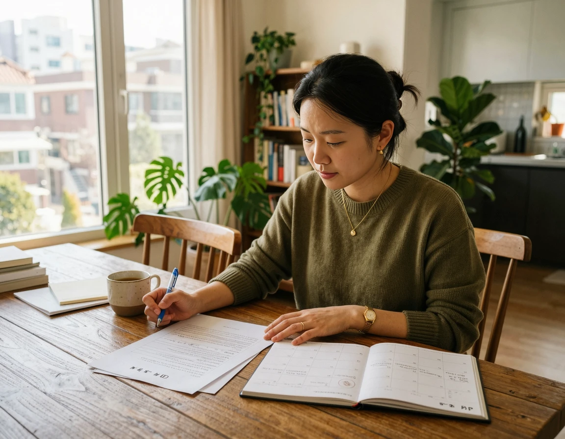 달력과 이사 견적서를 꼼꼼히 비교하는 여성