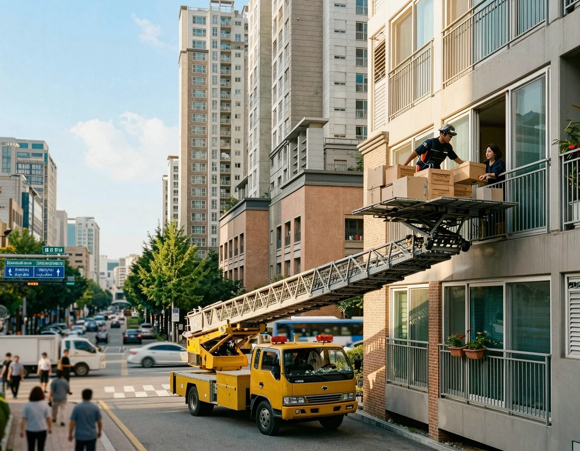 고층 아파트 이사를 위해 설치된 사다리차