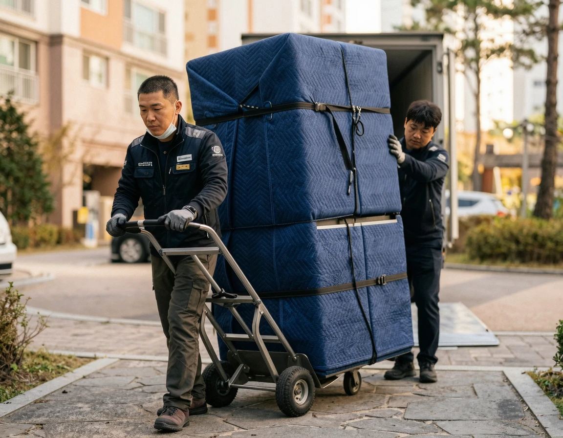 수평을 유지하며 프리미엄 냉장고를 안전하게 운반하는 이사 전문가