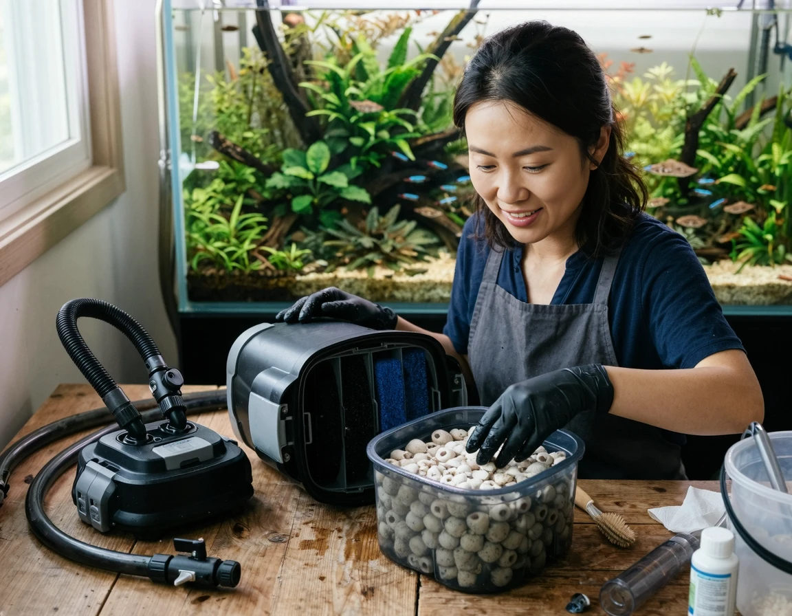 수조 물에 촉촉하게 보관하여 이동 준비 중인 여과재
