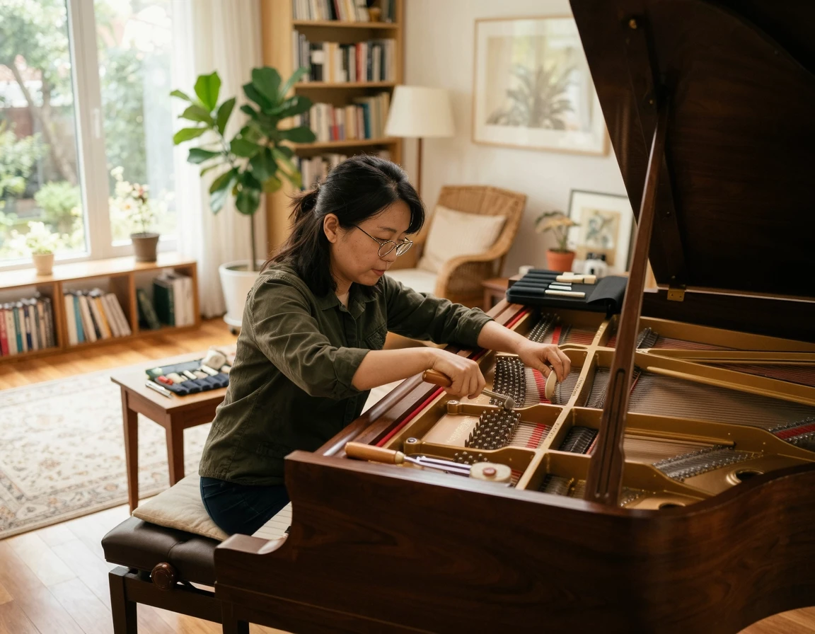 이사 후 새로운 공간에서 피아노를 꼼꼼하게 조율하는 전문가의 모습