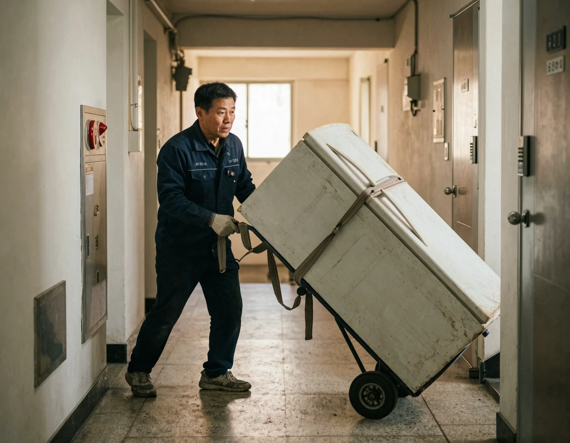 아파트에서 오래된 냉장고를 수거하여 이동시키는 전문 작업자