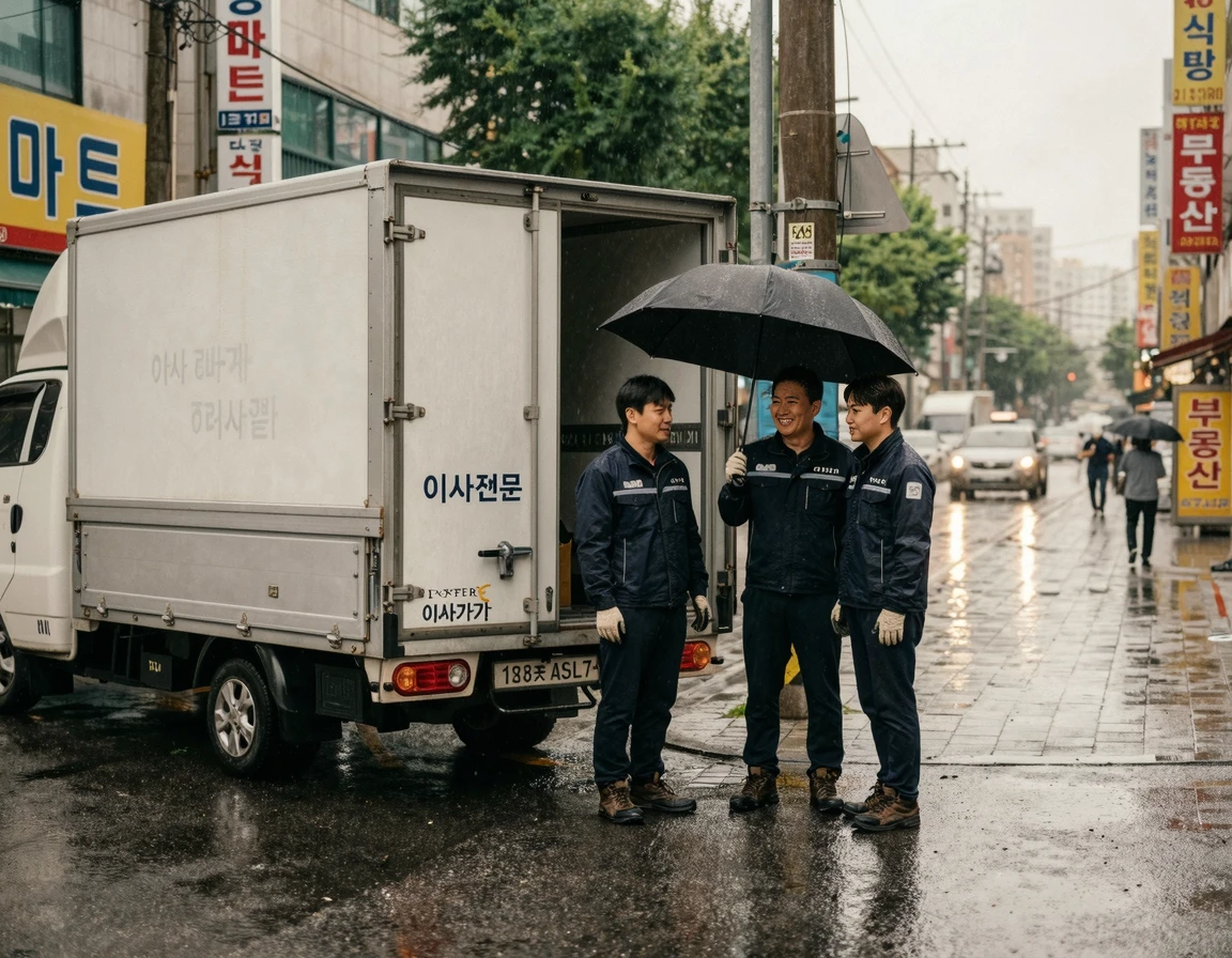 비 오는 날 젖은 도로에 주차된 탑차와 우산을 쓴 작업자