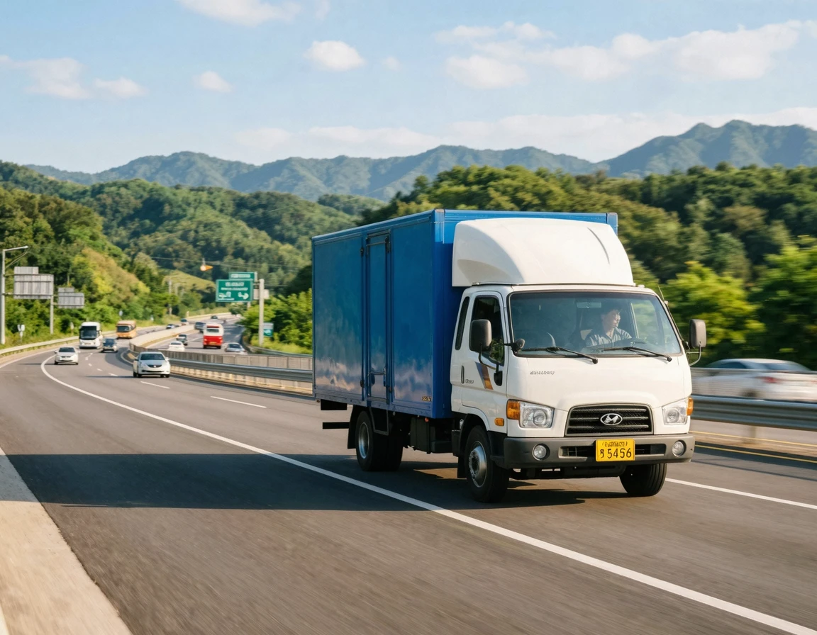 고속도로를 달리고 있는 5톤 포장이사 화물차