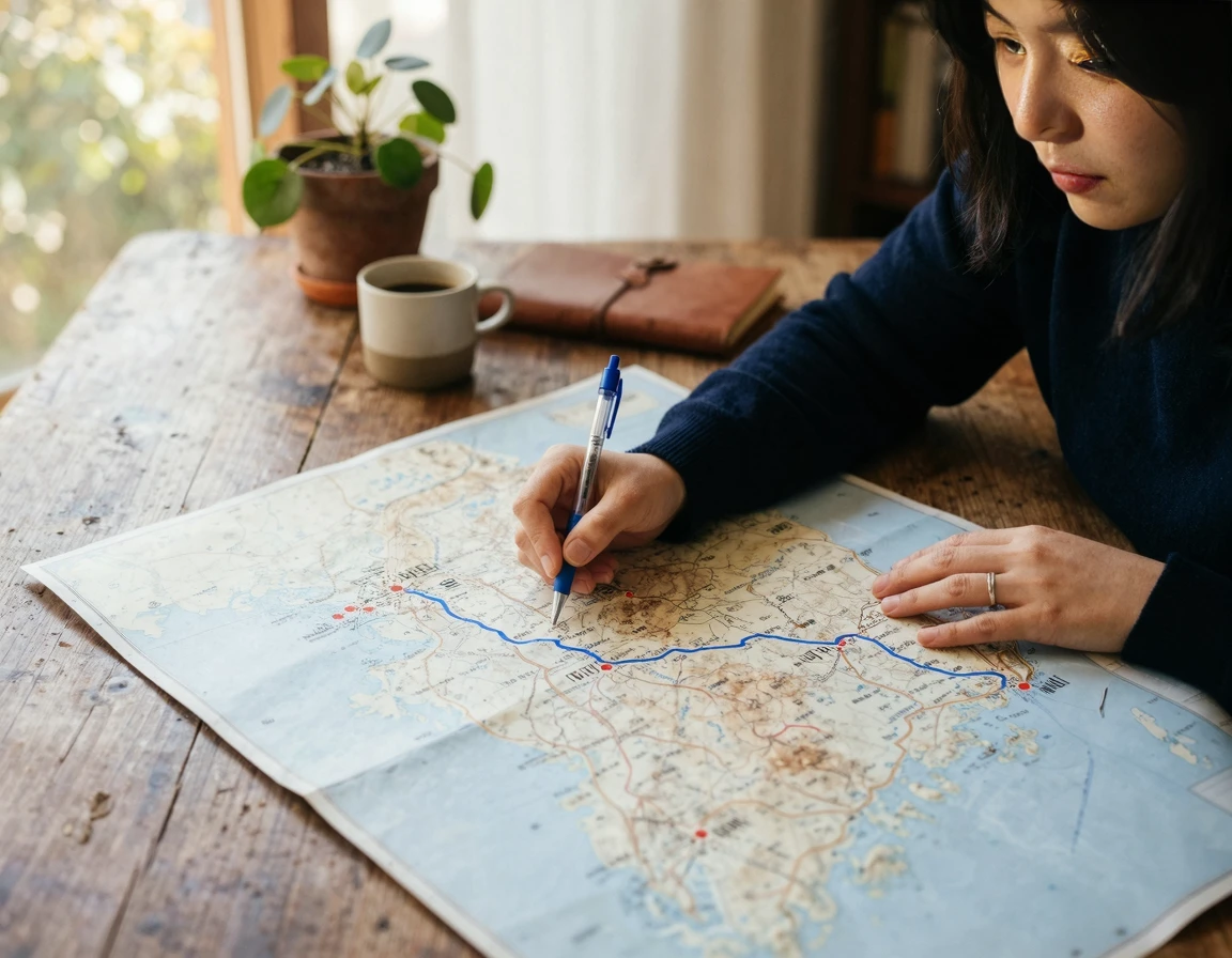 책상 위 지도에서 서울과 부산을 연결하는 모습