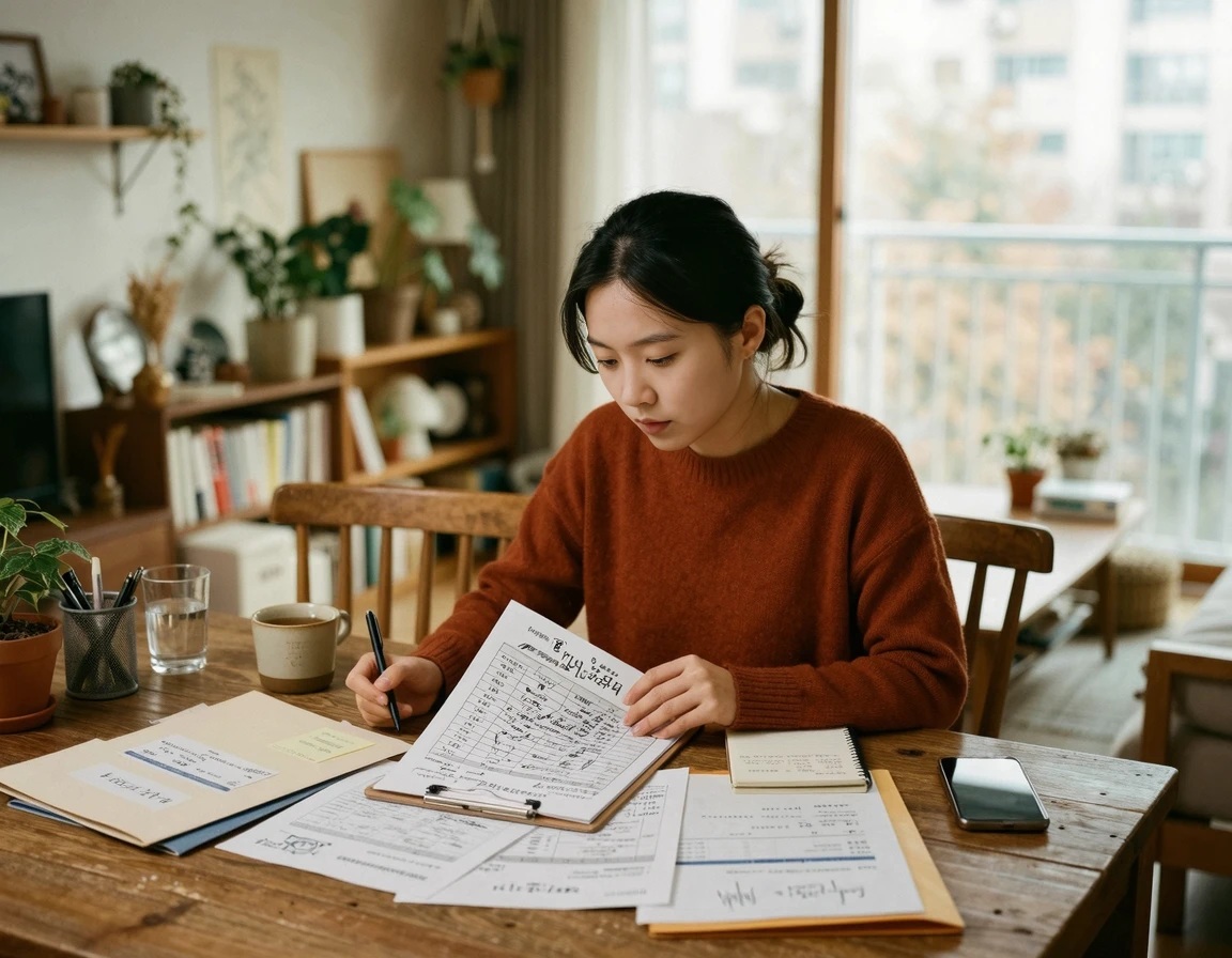 여러 장의 포장이사 견적서를 꼼꼼히 비교하고 있는 모습
