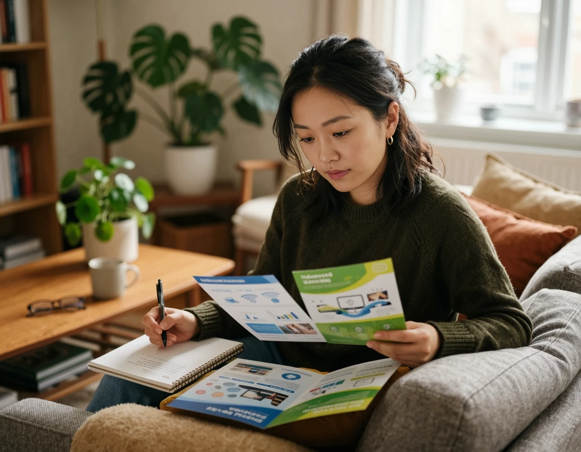 인터넷 이전 설치와 신규 가입 조건을 비교하며 고민하는 여성