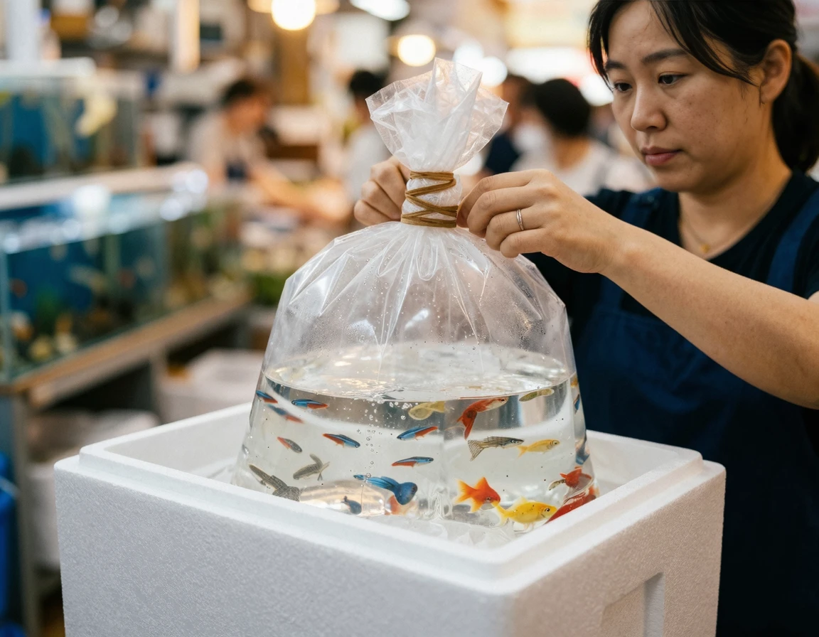 기존 사육수와 함께 안전하게 이중 비닐 포장된 관상어