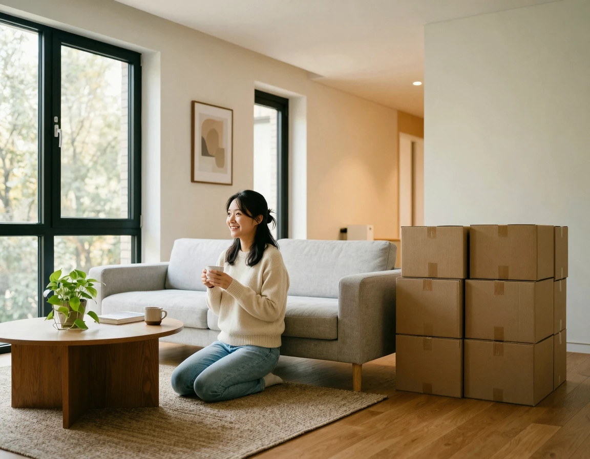 깔끔하게 정리된 거실 한편에 이사 박스가 정돈되어 쌓여 있는 모습