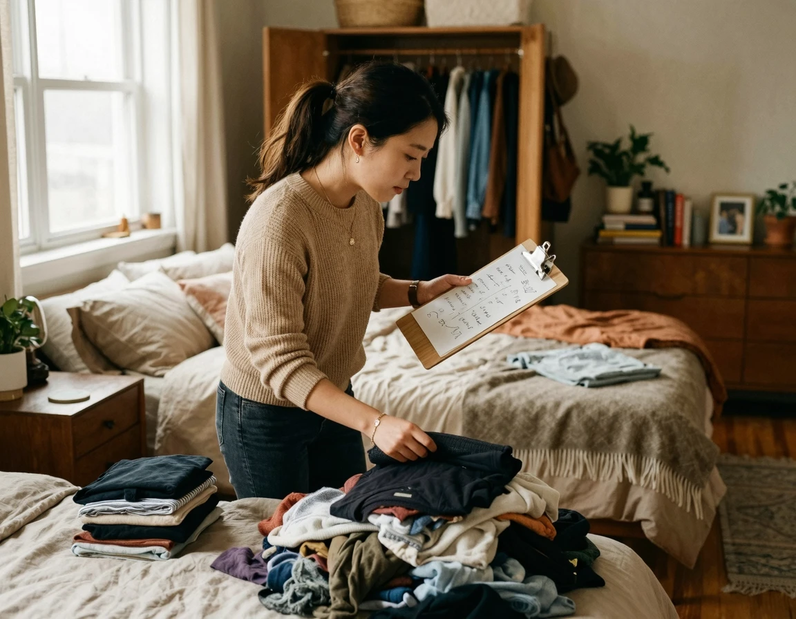 침실에서 체크리스트를 보며 옷을 보관할 것과 기증할 것으로 분류하는 여성
