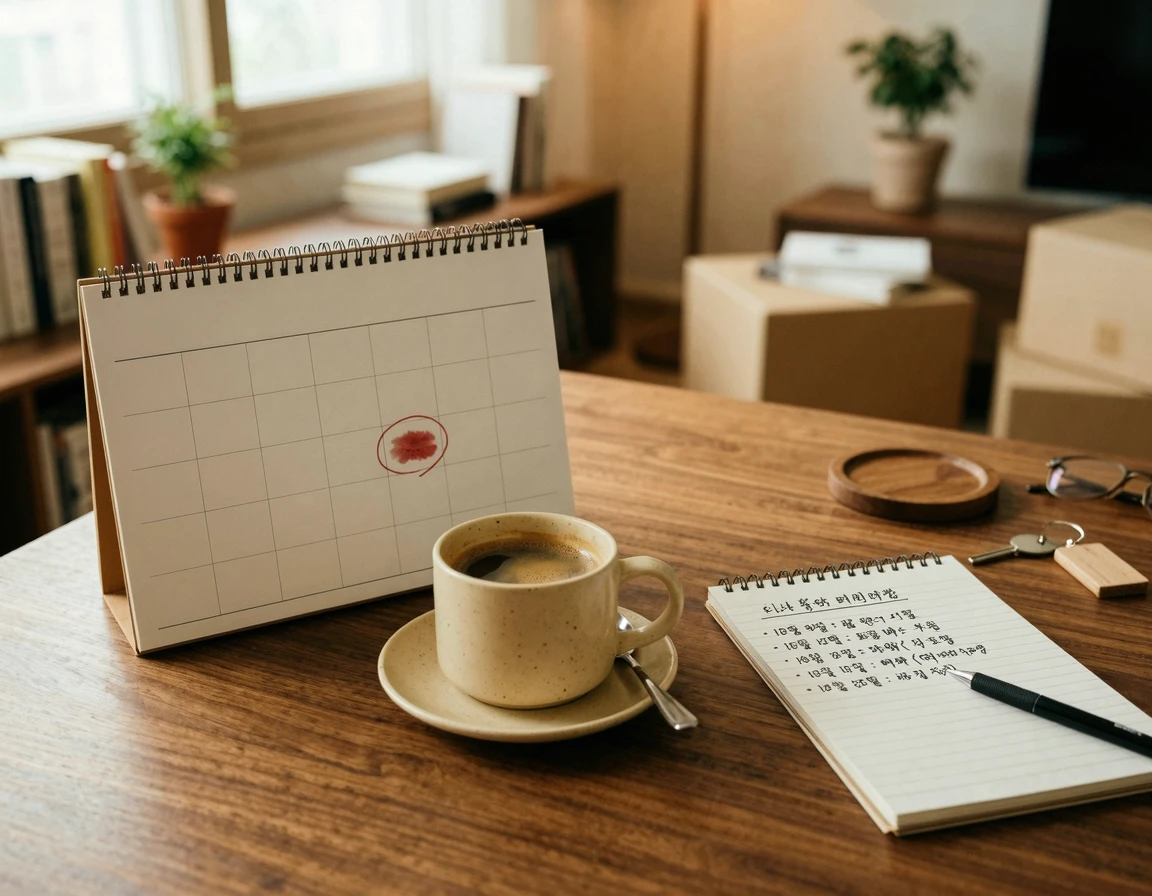 이사 날짜가 표시된 달력과 정리 타임라인이 적힌 수첩이 놓인 책상