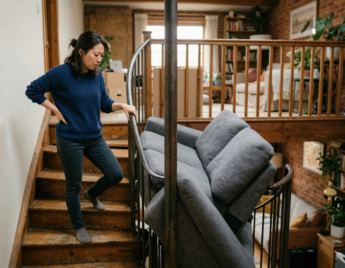 좁은 복층 계단에 낀 소파를 보며 난감해하는 여성