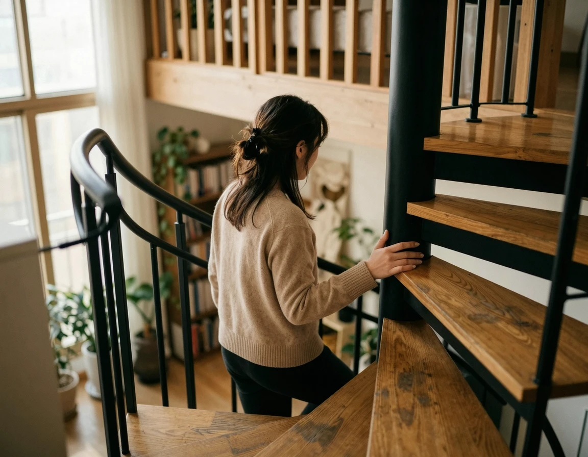 가구 반출이 어려운 좁고 가파른 메자닌 구조의 나선형 계단