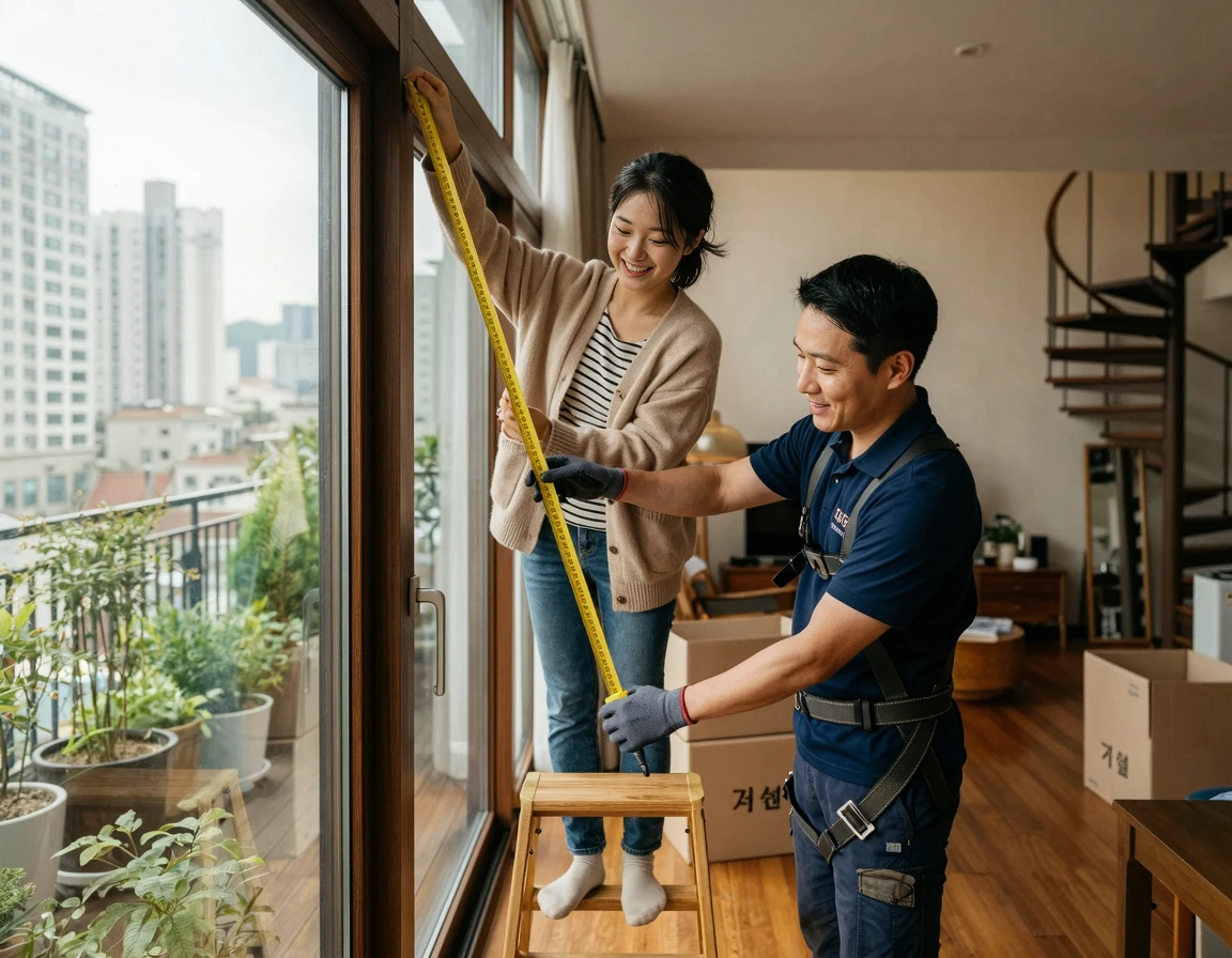 복층 아파트 창문 크기를 줄자로 실측하는 모습