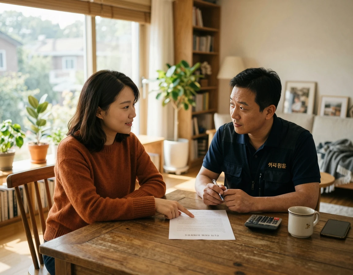 이사 업체 전문가와 복층 이사 계약서 특약 사항을 꼼꼼히 확인하는 모습