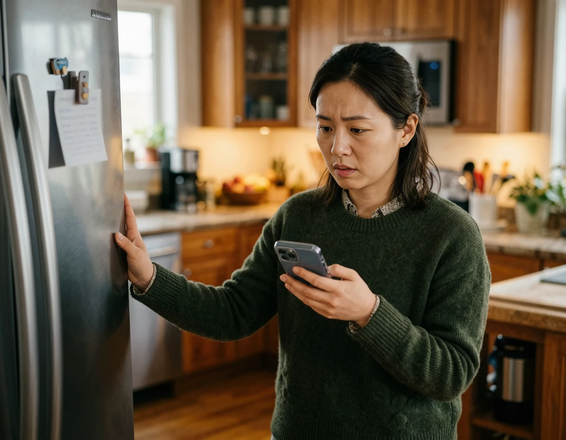 냉장고 옆면을 만지며 스마트폰으로 AS를 알아보는 여성