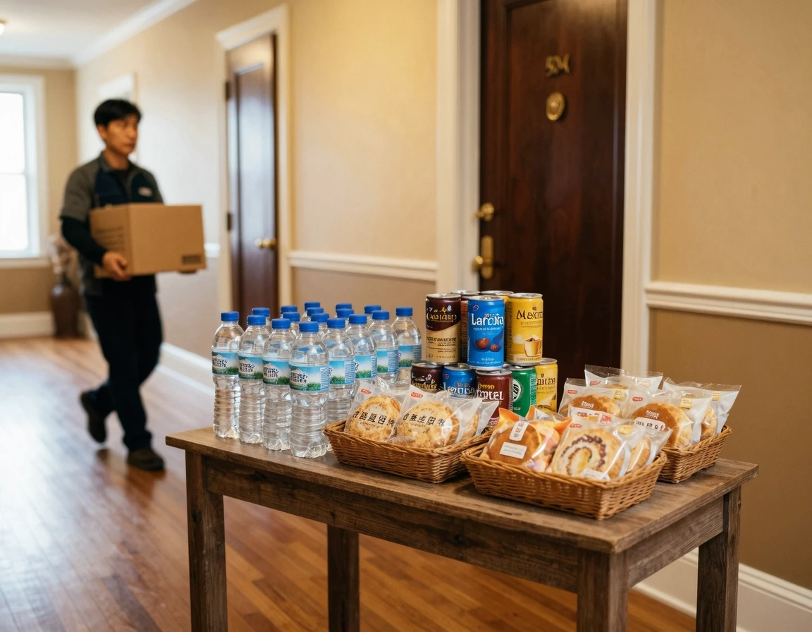 이사 작업자를 위해 준비된 음료와 간식 세트