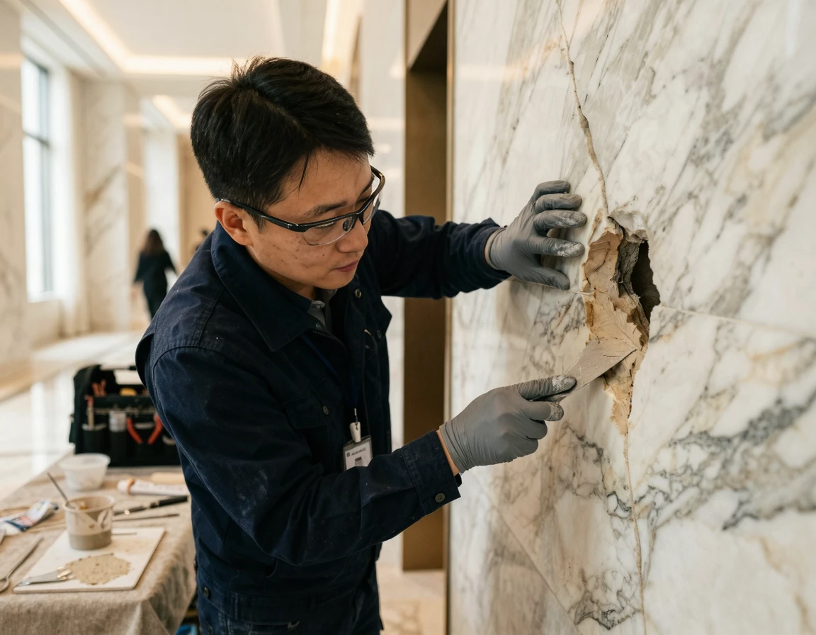 전문가가 대리석 아트월의 타공 구멍을 에폭시로 복원하는 모습
